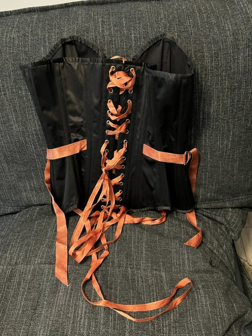 Black Satin Corset with Orange Accents (32'') - Picture 4 of 5